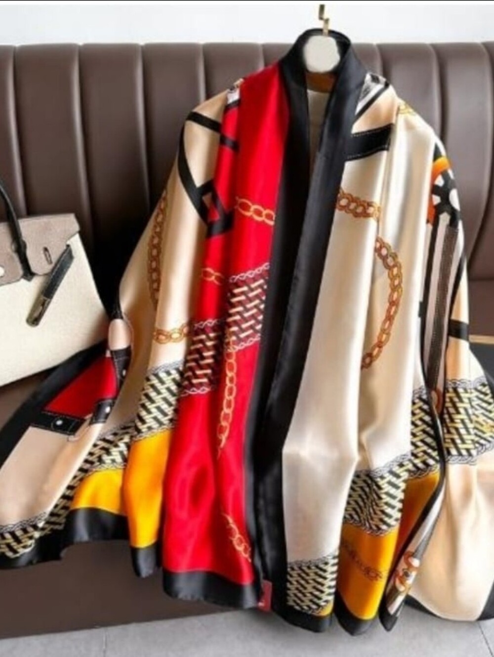 Silk-Feel Chain Print Scarf in Red, Cream & Yellow